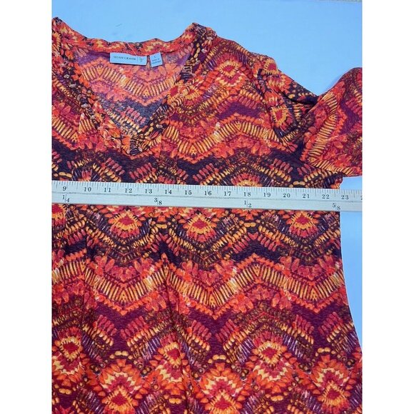 Susan Graver Top Womens Large Orange Mesh Blouse 3/4 Sleeve Bead Aztec - Picture 8 of 10